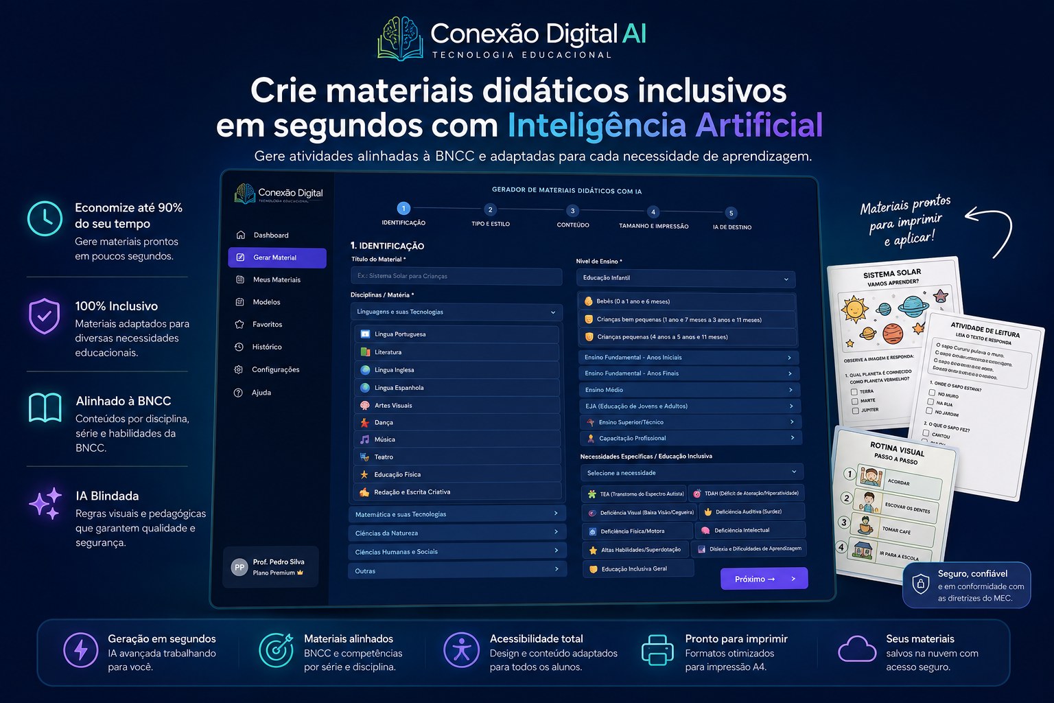 Painel do Conexão Digital AI gerando um material didático adaptado à BNCC